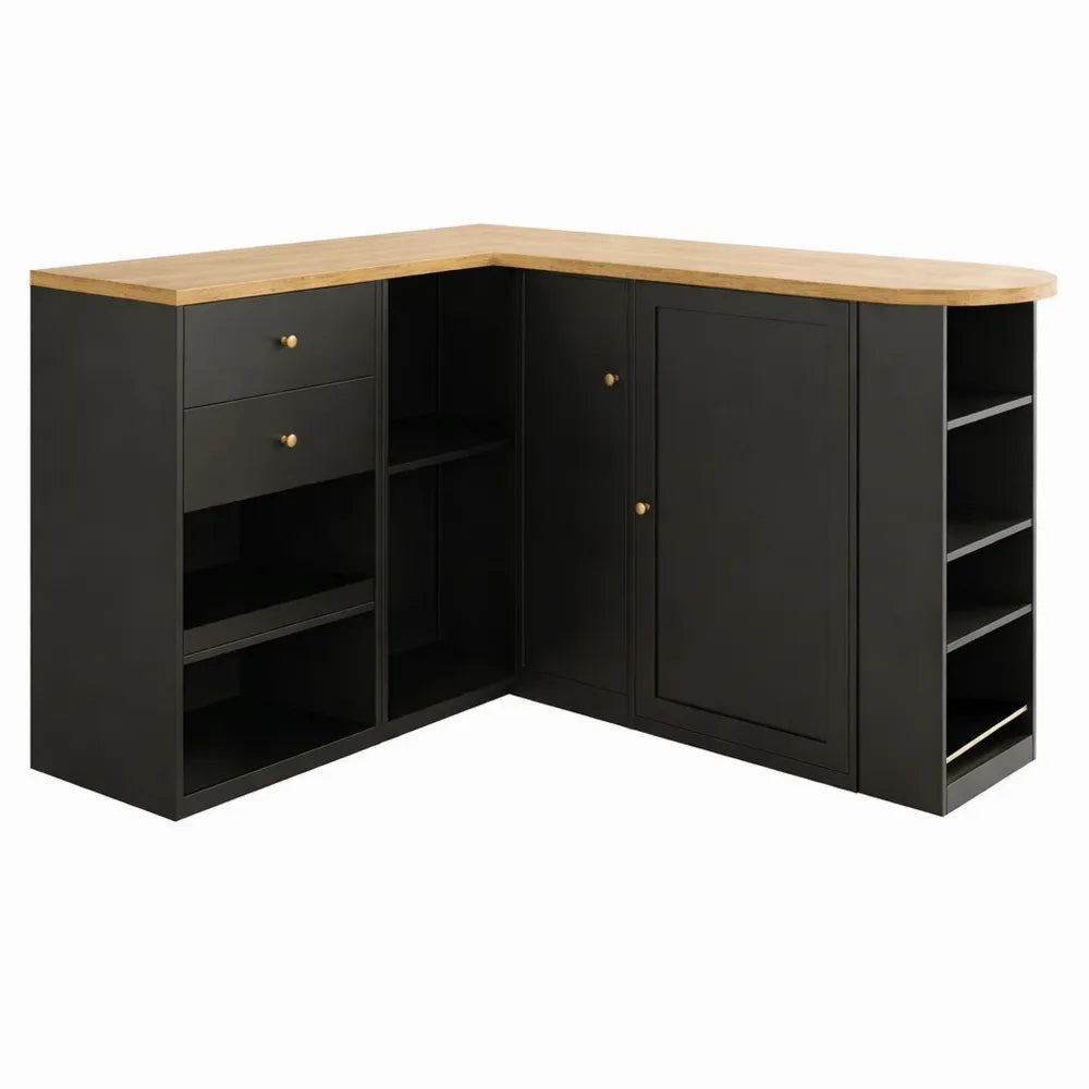 Table de Bar Extensible avec Rangement Intégré, Plateau Pivotant 360°, Comptoir Noir, 2 Tiroirs