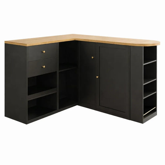 Table de Bar Extensible avec Rangement Intégré, Plateau Pivotant 360°, Comptoir Noir, 2 Tiroirs