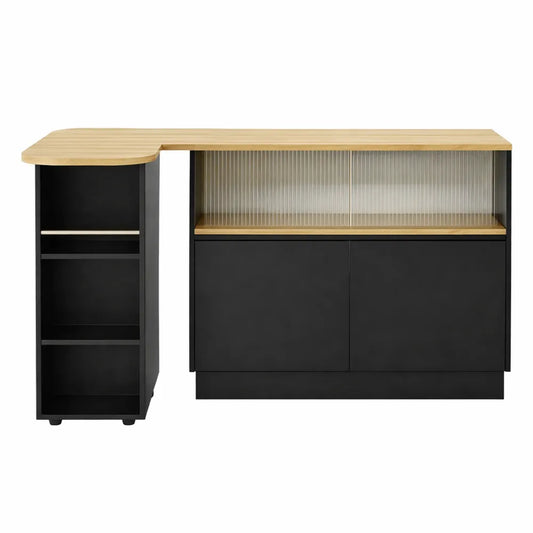 Table de bar extensible avec rangement et rotation 360°, portes en verre, 120x45x103 cm