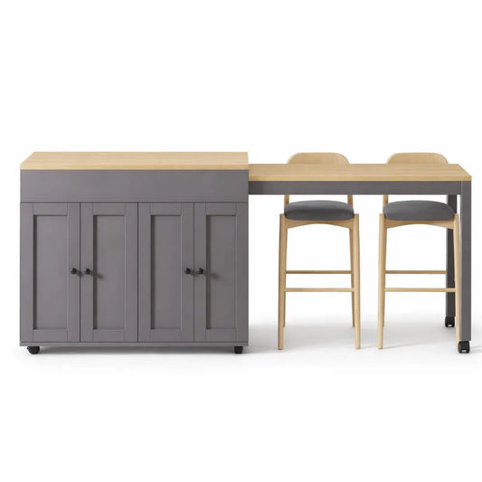 Table de bar extensible avec rangement intégré et étagères réglables, dimensions 118-180 x 50 x 94 cm, couleur grise